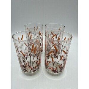 Vintage Libbey Orange Cattail Glasses Set/4 Tumblers Retro 1970s Barware